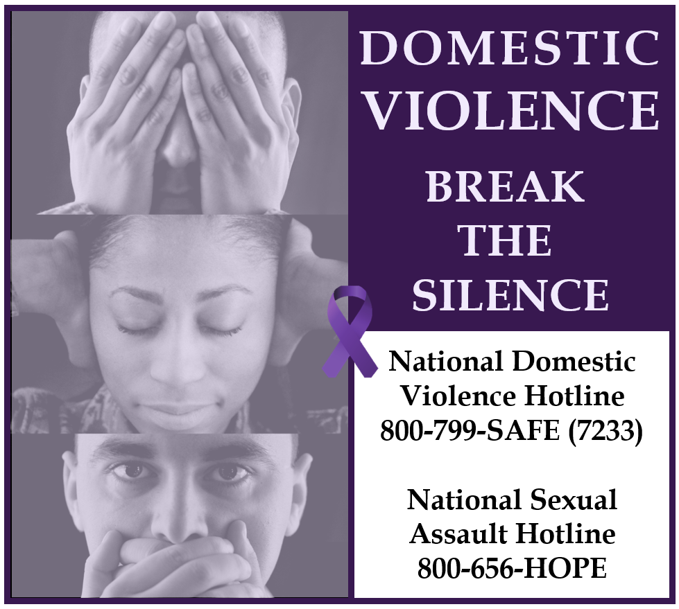 Graphic -  Domestic Violence, break the silence.  Domestic Violence Hotline 800-799-SAFE, Sexual Assault Hotline 800-655-HOPE